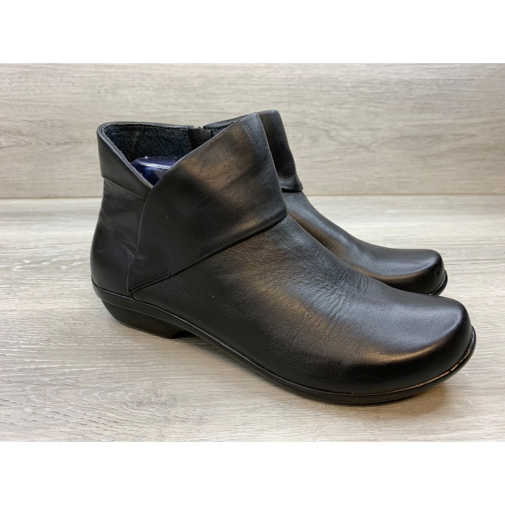 Dansko Women's Black Leather Ankle Boots Side Zip Low Wedge Comfort Booties 8.5